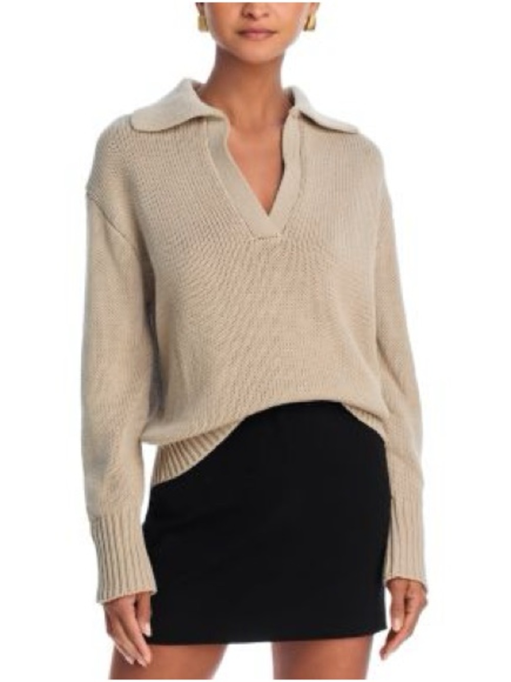 Aqua Beige Collared V-Neck Knit Sweater